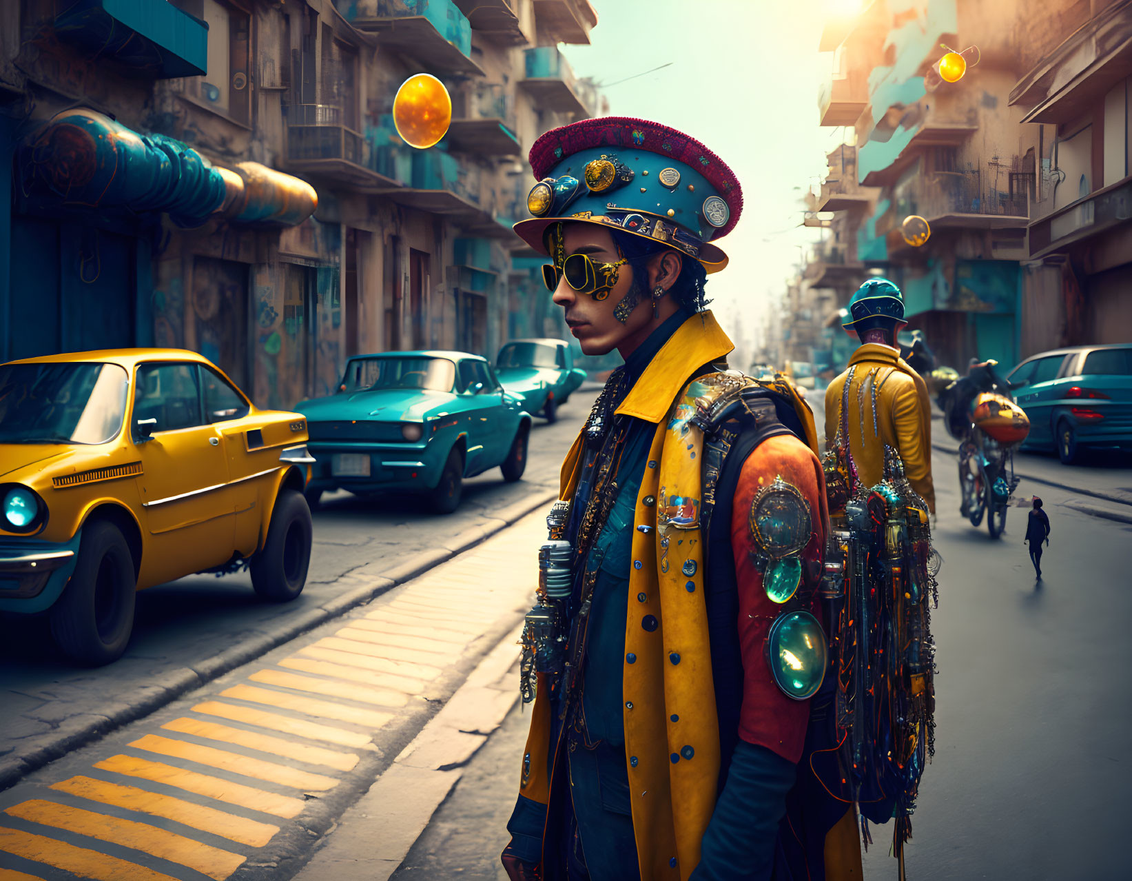 Futuristic steampunk outfit with goggles and hat in urban setting