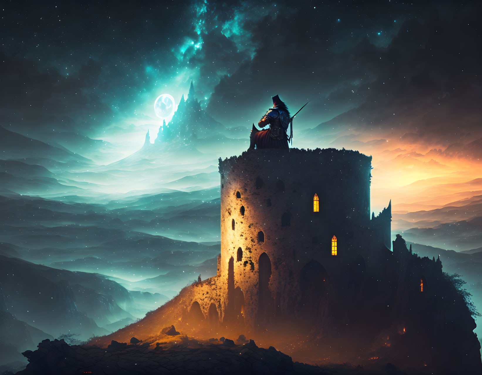 Mystical night scene with lone figure on ruined tower