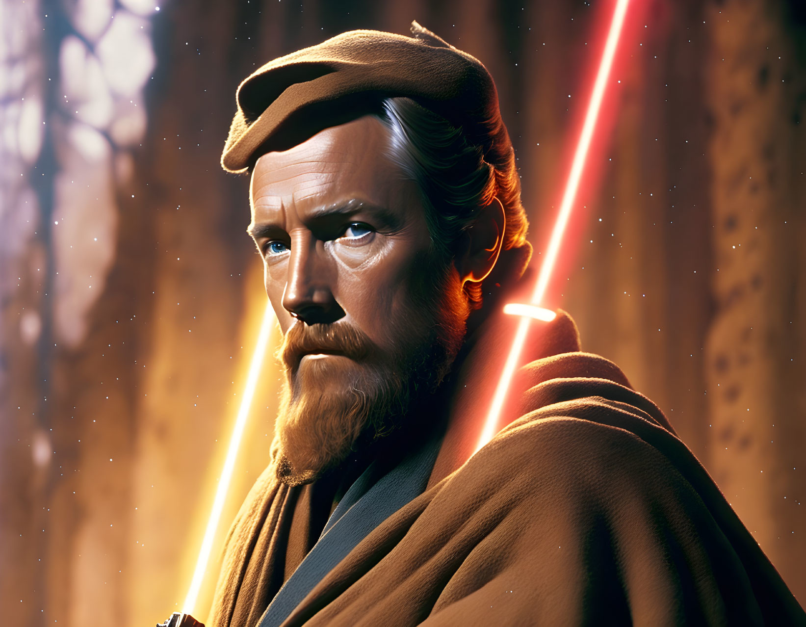 Bearded Man in Brown Robe with Red Lightsaber in Amber Forest