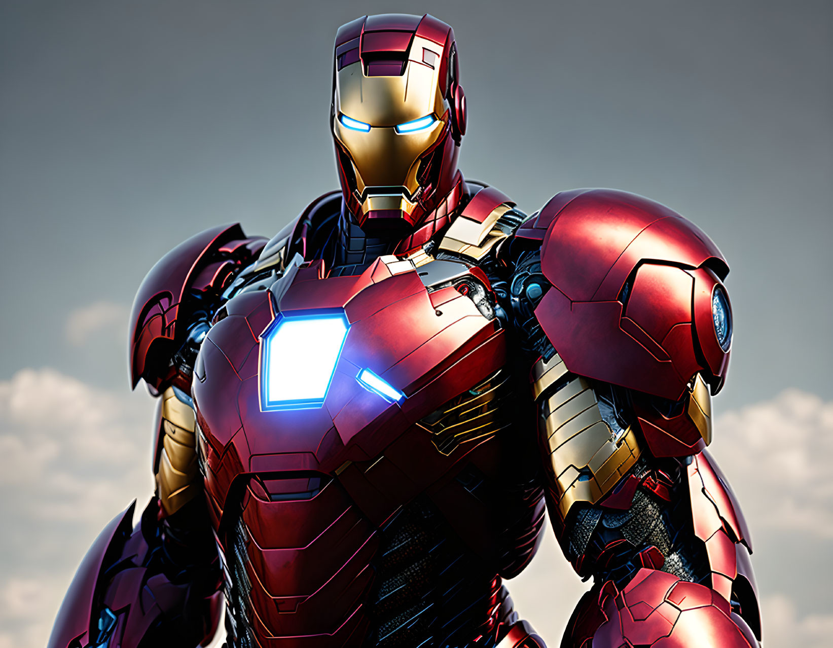 Detailed Close-up of Red and Gold Iron Man Suit with Glowing Blue Arc Reactor and Eyes