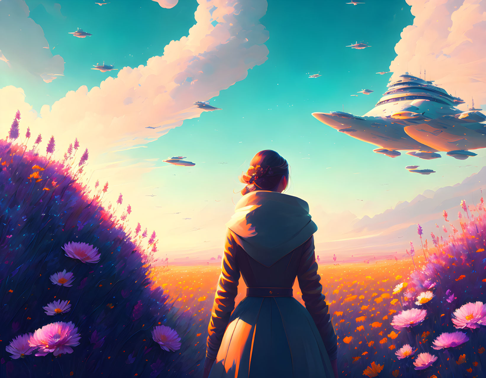 Person in Vibrant Flower Field with Clouds and Flying Ships at Sunset
