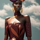 Stylized female figure in avant-garde rose gold attire against cloudy sky