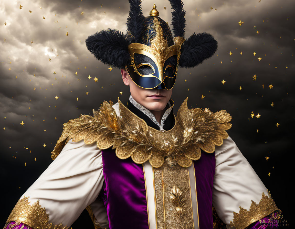 Elaborate Black and Gold Masquerade Costume Against Dark Sky