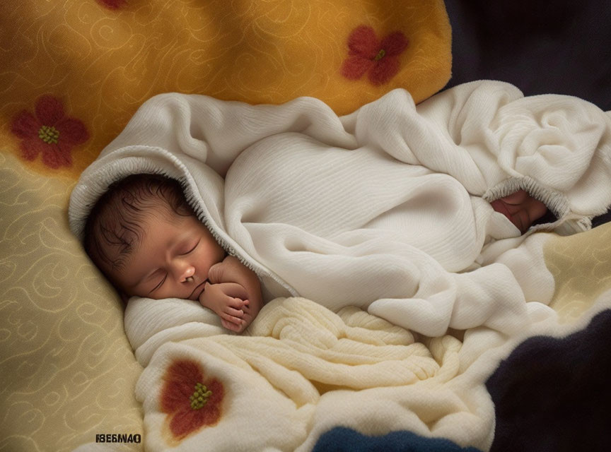 Newborn baby sleeping in white blanket with colorful floral patterns