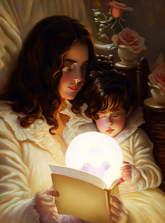 Woman and child sharing a serene moment with a glowing book and roses