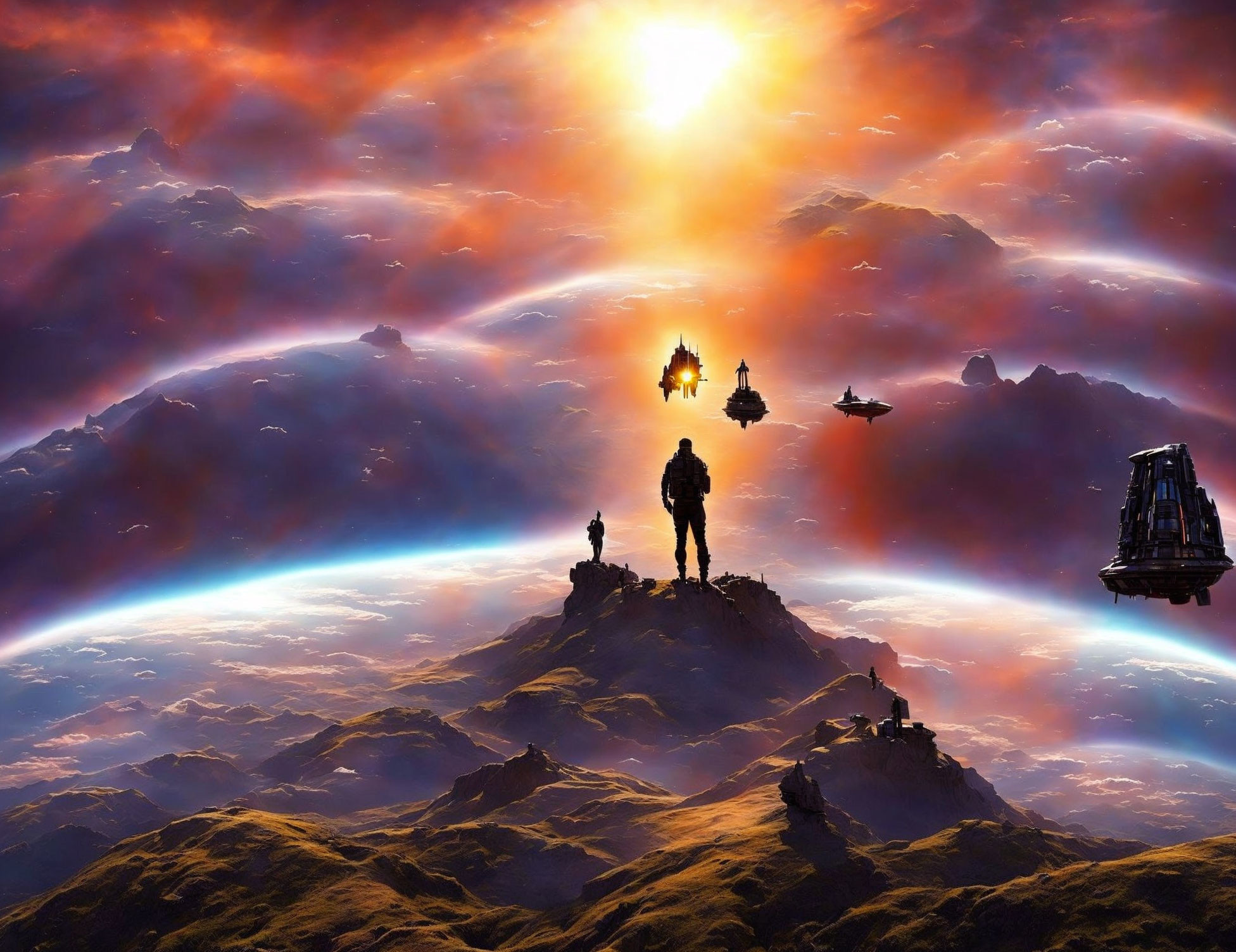 Fantasy Space Scene: Mountain Silhouettes, Flying Ships, Nebula Clouds, Bright Sun