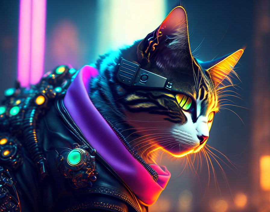 Cyberpunk cat digital art: leather jacket, glowing eyes, tech accessories