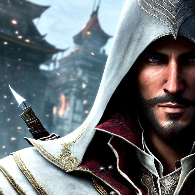 Close-up of determined male in hooded cloak with blue eyes and hidden blade, against Eastern-style building