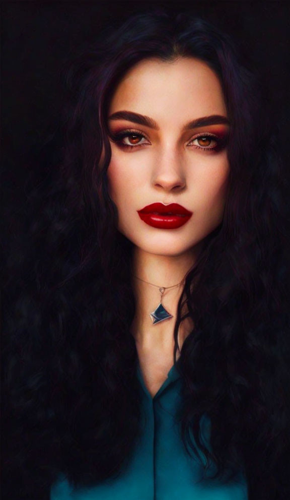 Portrait of woman with long black hair, red lipstick, dark eye makeup, teal outfit, star pendant