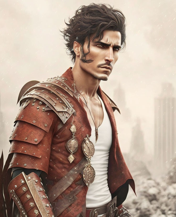 Dark-haired male character in white shirt and brown leather armor set against foggy background