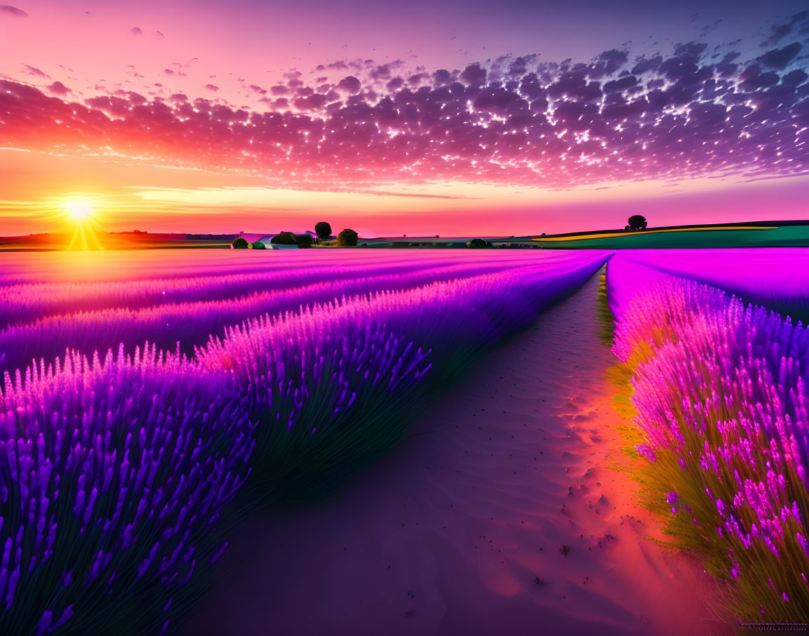 Purple-hued sunset over blooming lavender field