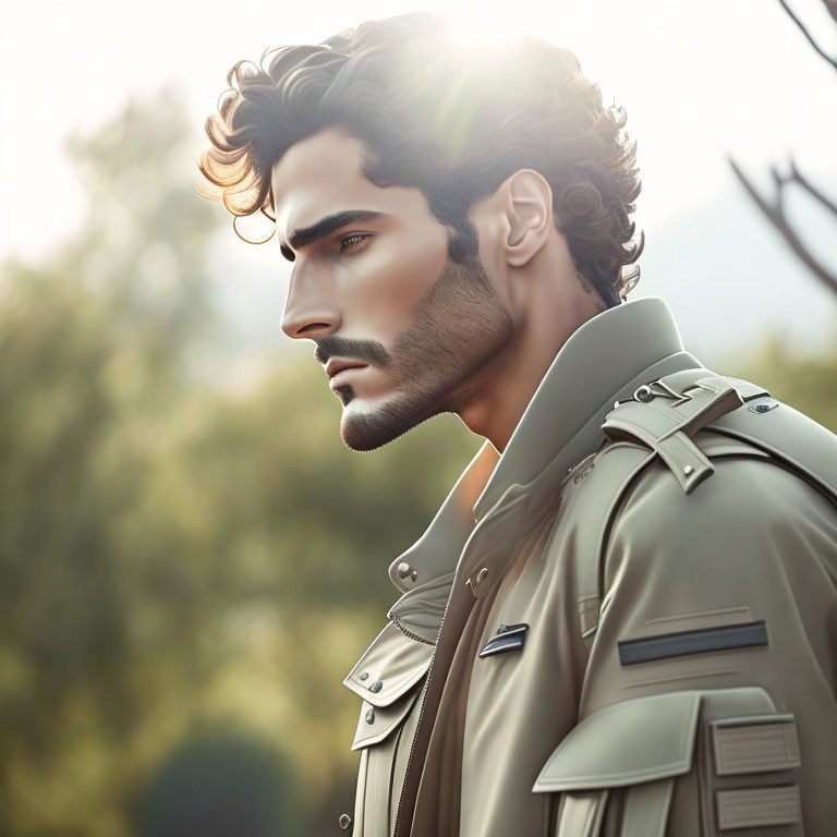 Stylized image of man in trench coat with defined features and curly hair.