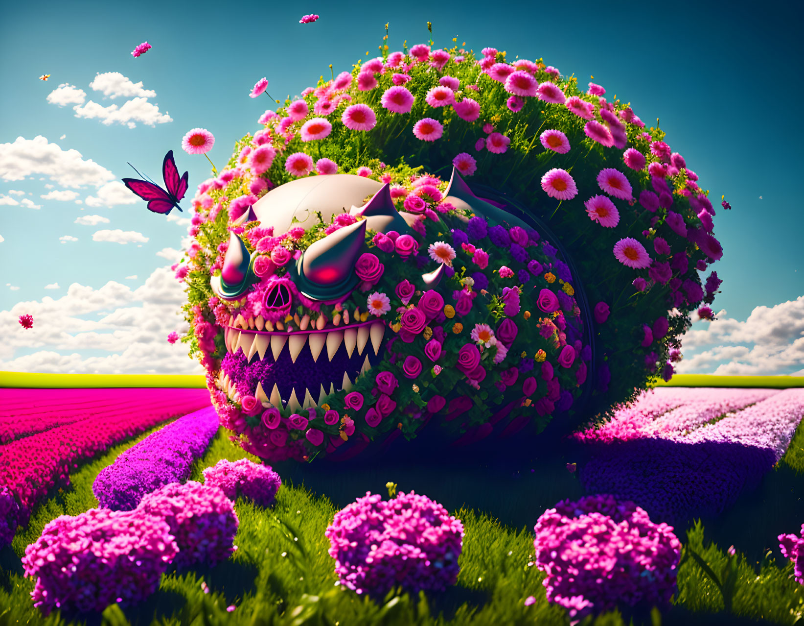 Colorful Flower-Covered Creature in Field with Butterflies