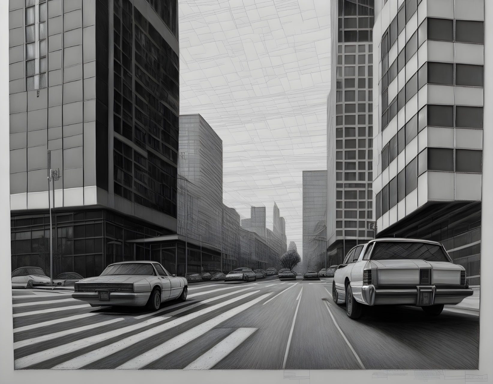 Monochromatic cityscape: vintage cars, skyscrapers, power lines