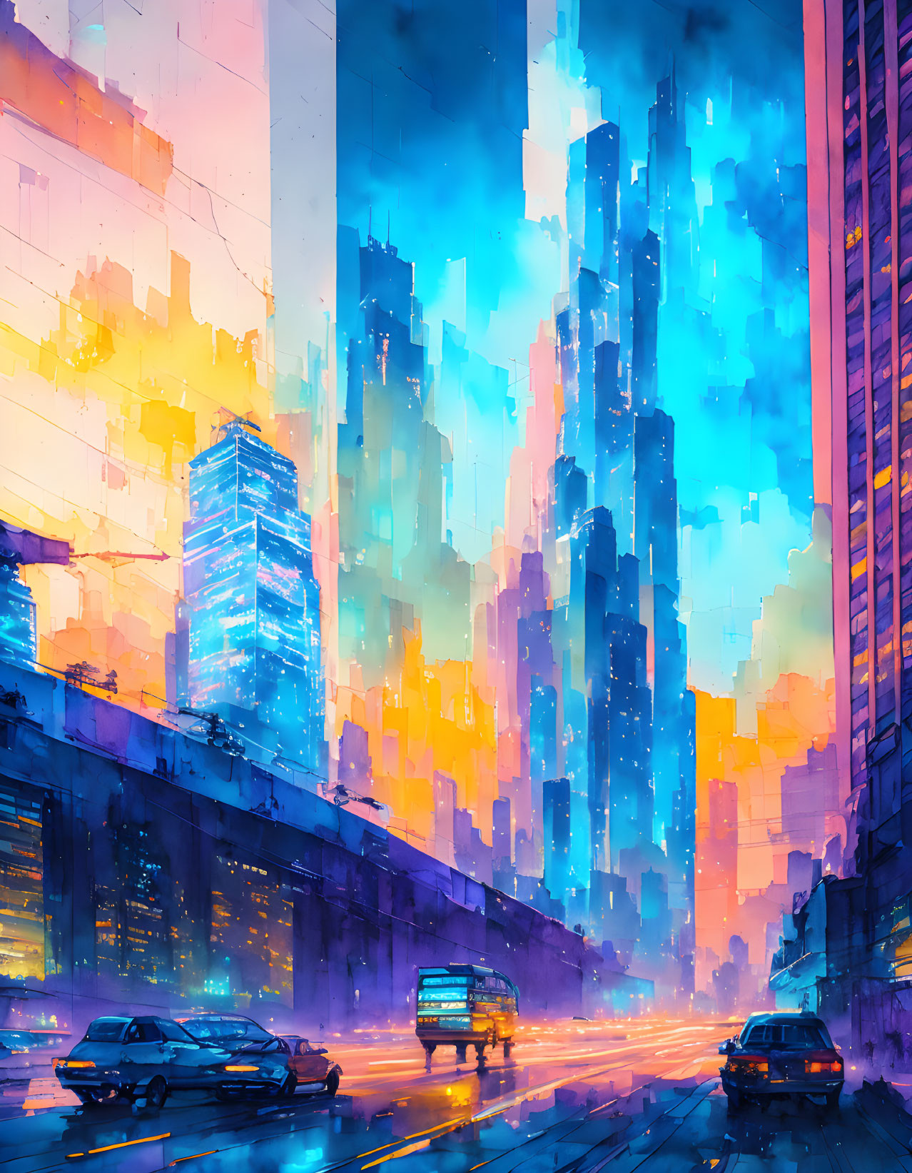 Futuristic cityscape with towering skyscrapers in blue and orange hues