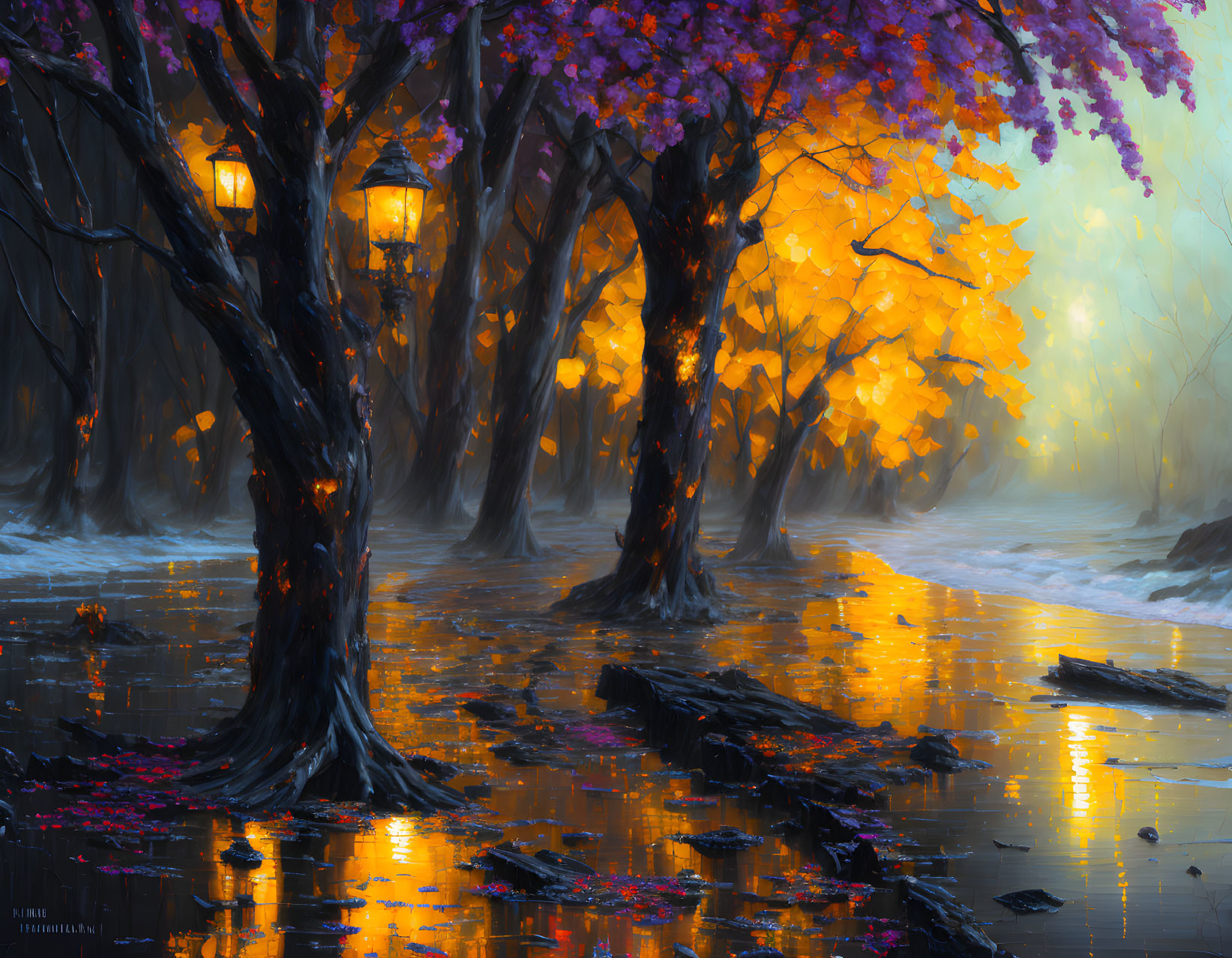 Twisted trees, vibrant leaves, lanterns, foggy atmosphere in mystical forest