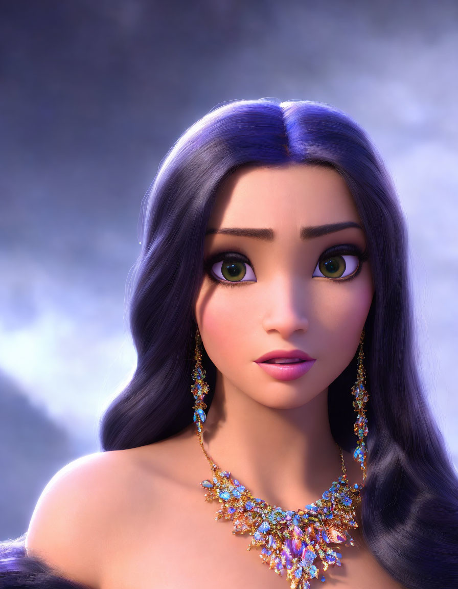 Dark-haired animated character with green eyes and intricate jewelry on blurred backdrop