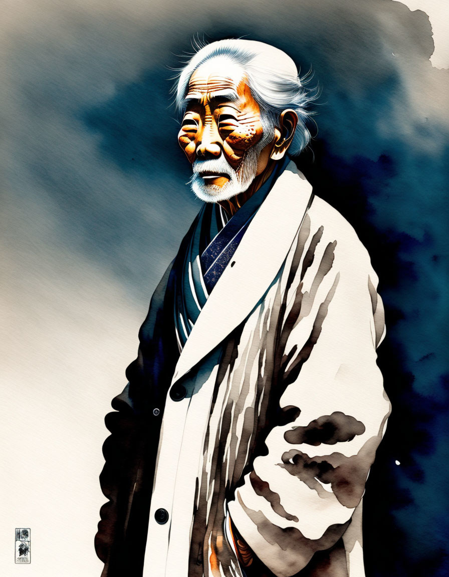 Illustration of elder with white hair, beard, and traditional face markings in white coat over blue garment