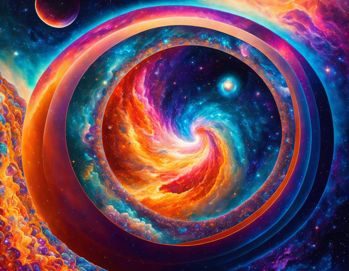 Colorful swirling galaxy digital artwork with planets and stars in vivid hues