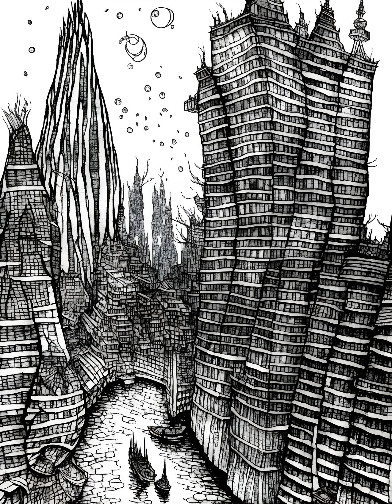 Detailed black-and-white fantasy cityscape sketch with tall buildings, river, and floating bubbles.