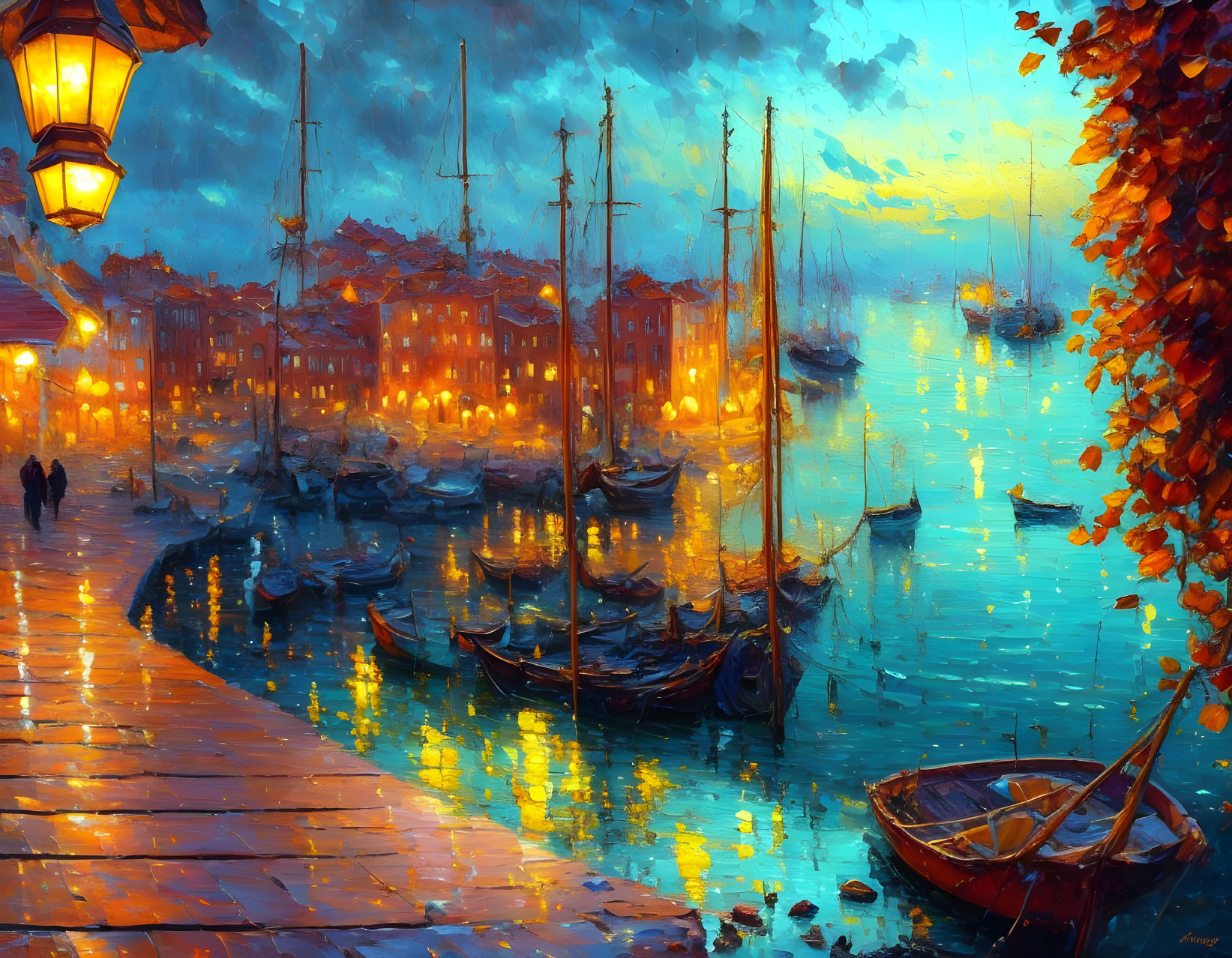 Serene harbor at twilight with sailboats, streetlights, cobblestone path, vibrant sky reflection