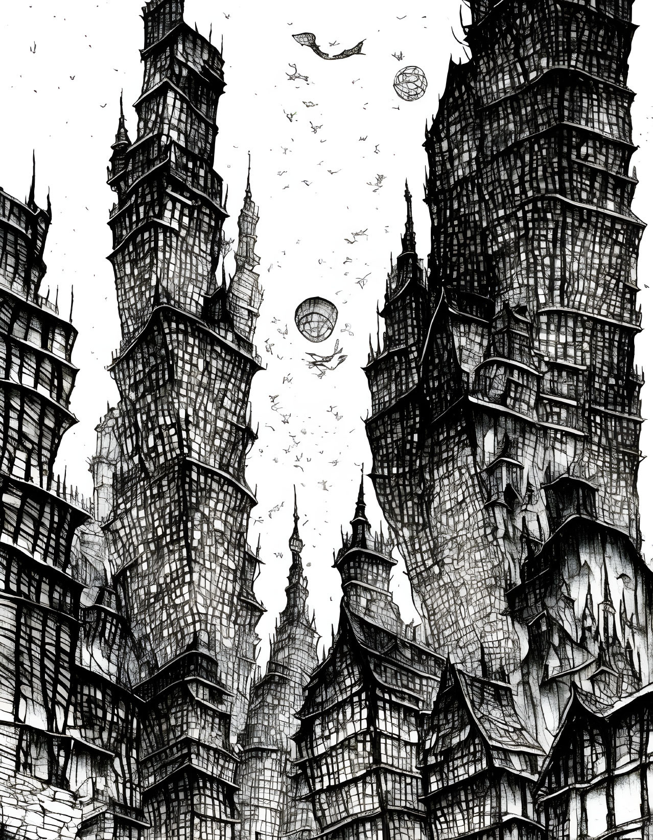 Monochrome illustration of dense, dystopian cityscape with tall buildings and full moon