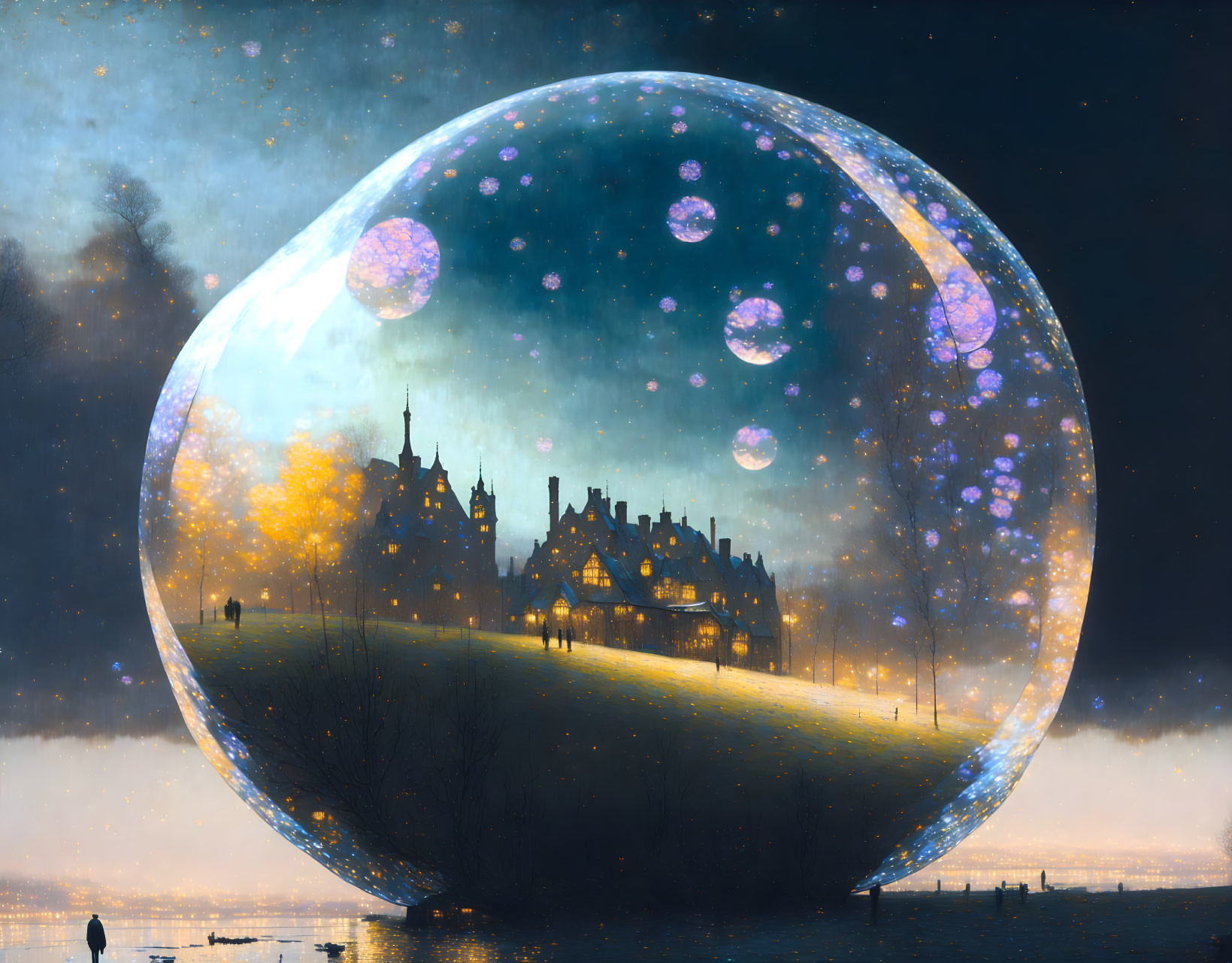 Fantastical landscape with glowing castle in transparent bubble amid starry twilight environment