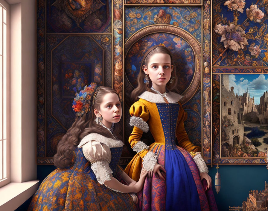 Two girls in historical dresses pose by a framed mirror in ornate setting.