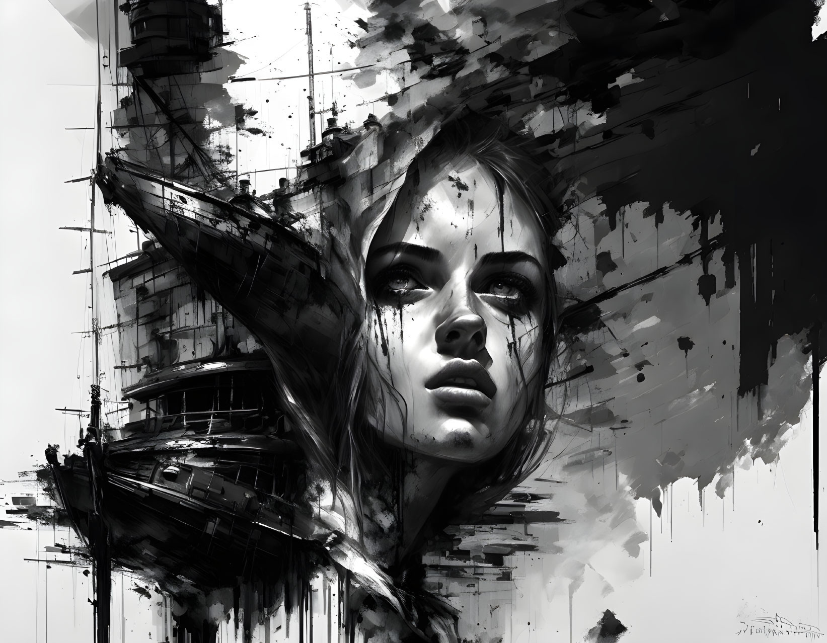 Monochromatic abstract portrait of a woman with flowing, fragmented elements.