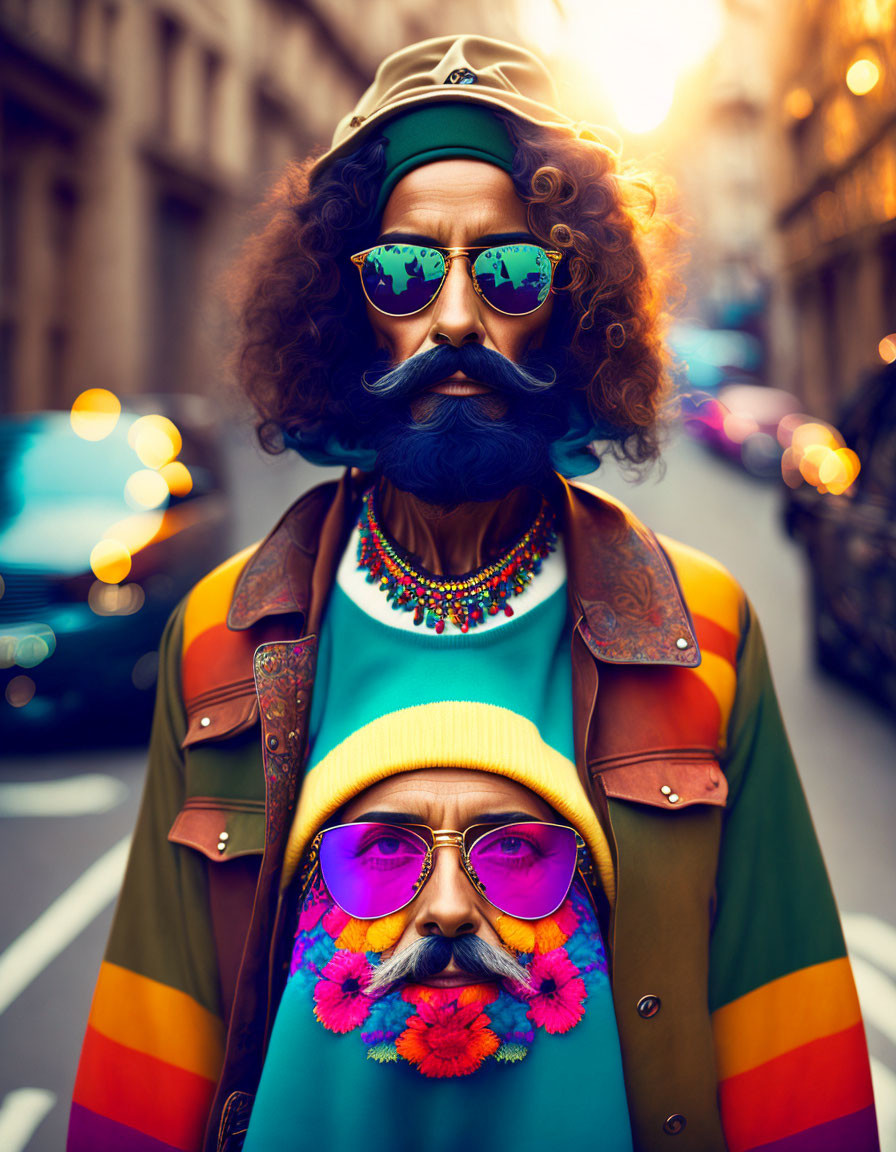 Man with Large Mustache and Afro Hairstyle in Colorful Outfit on City Street