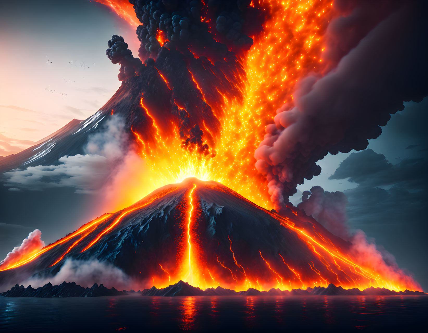 Volcanic eruption with fiery lava flows and ash plume at twilight