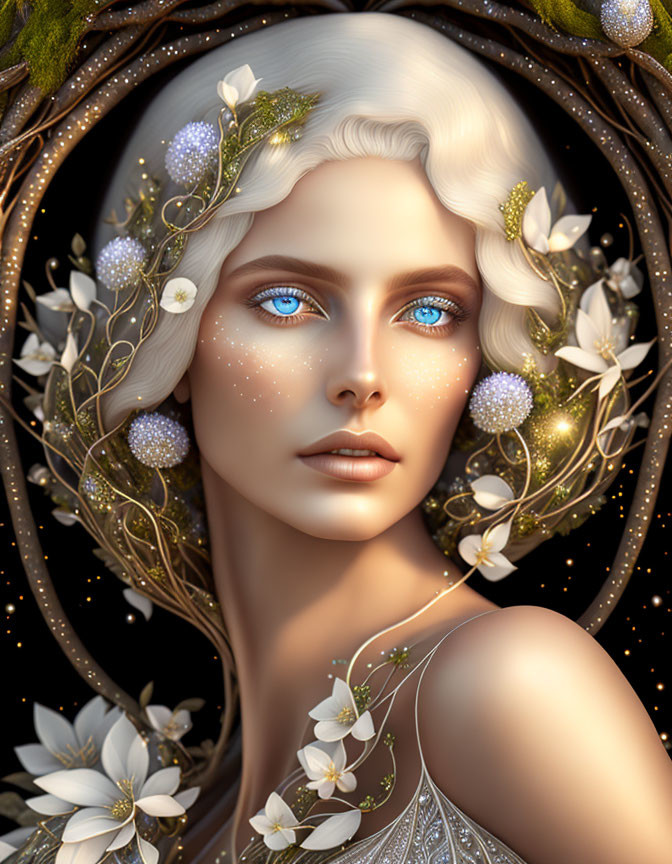 Pale-skinned woman with blue eyes and white hair in digital art with glowing flowers and twigs on