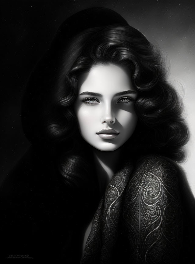 Monochrome digital portrait of woman with curly hair and ornate cloak