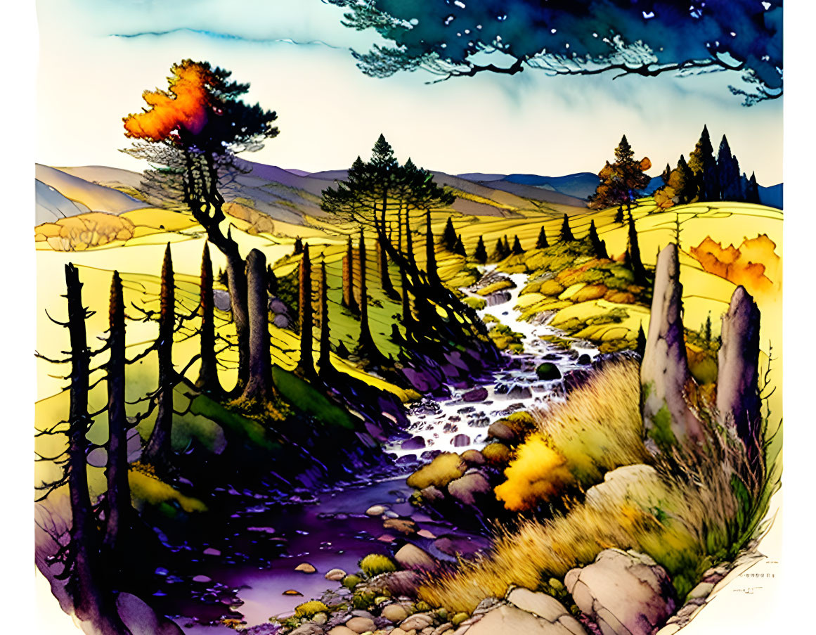 Serene landscape watercolor painting with winding stream