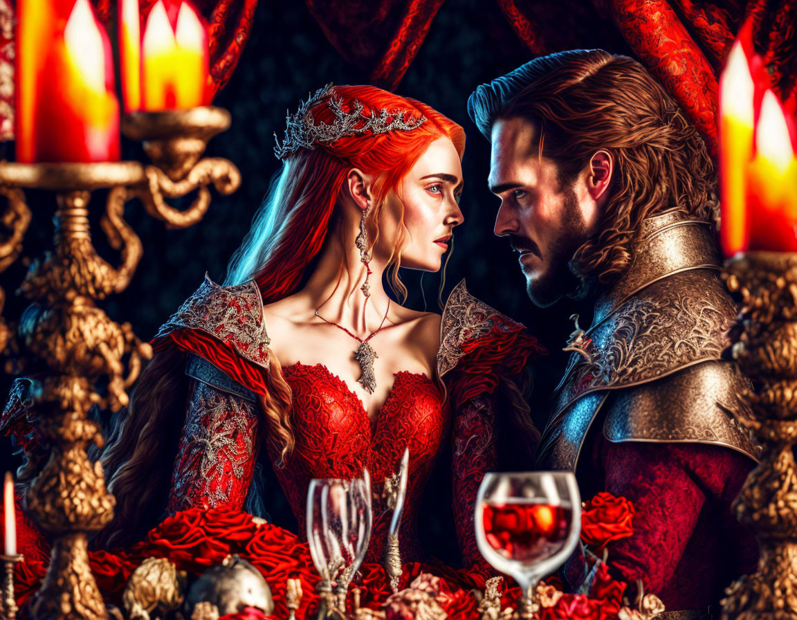 Knight and Queen in Ornate Armor and Red Gown Surrounded by Candles