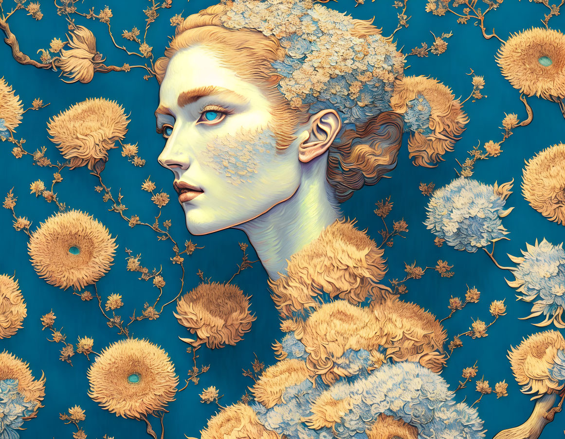 Woman with Golden Flower Hair on Blue Floral Background