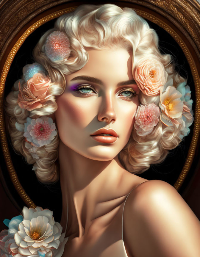 Portrait of Woman with Curly Blonde Hair and Flower Adornments