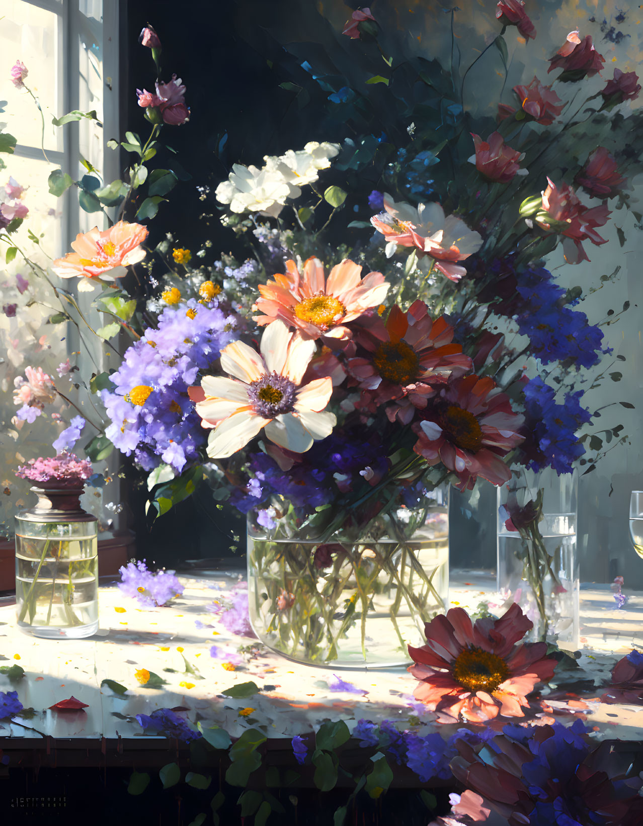 Colorful flower bouquet in glass vase on table with scattered petals under sunlight.