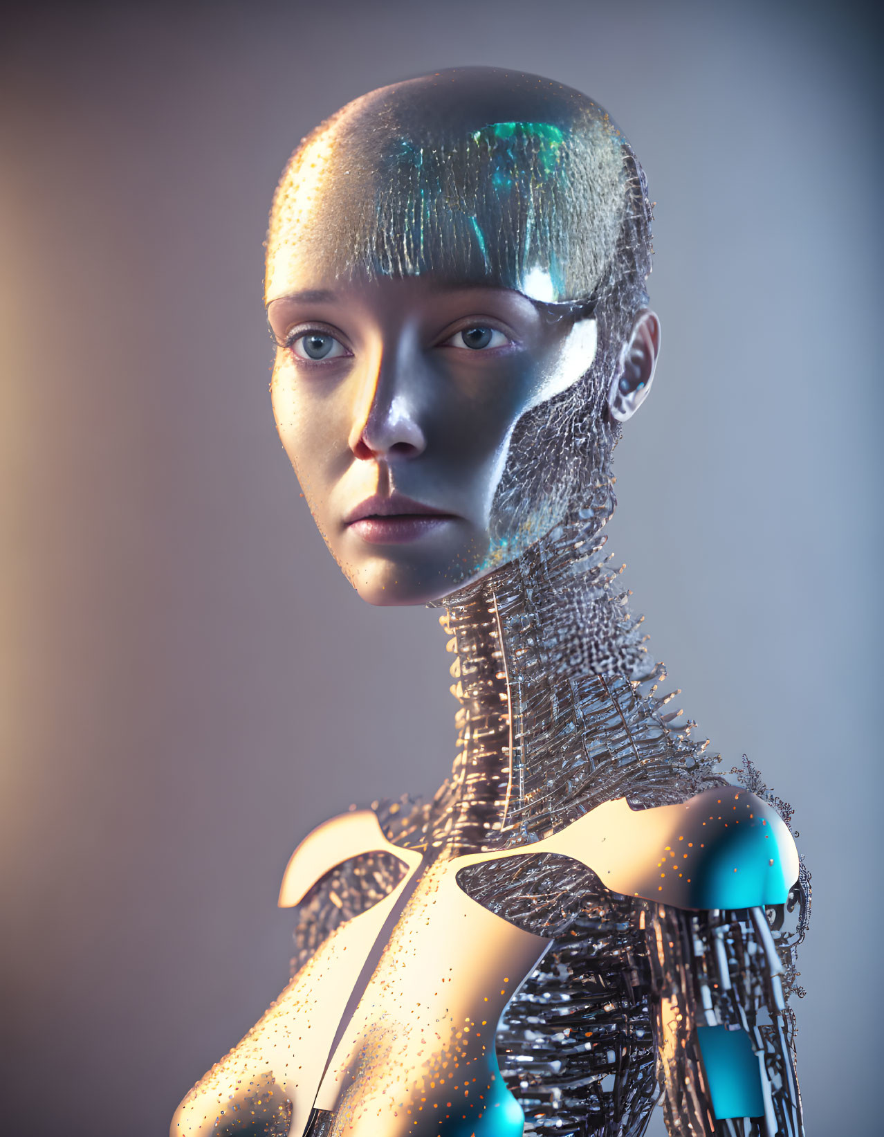 Reflective gold humanoid robot under soft lighting