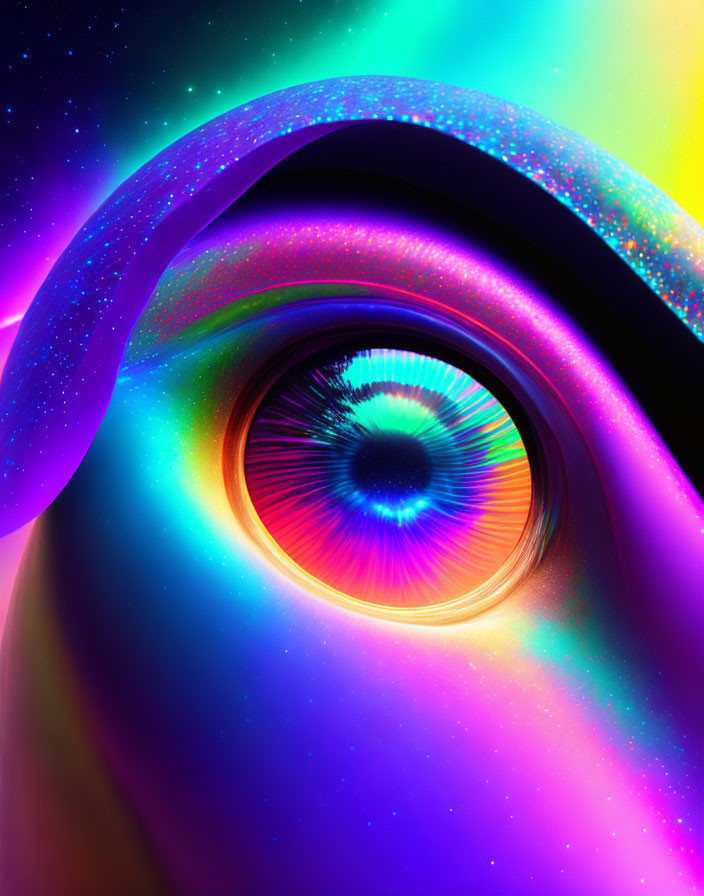 Colorful Digital Artwork: Eye Surrounded by Neon Swirling Cosmic Patterns