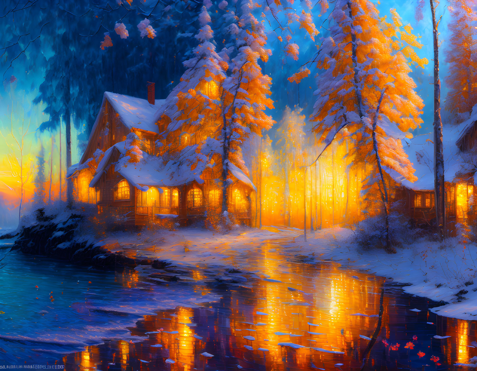 Snow-covered pine trees surround cozy cabin with glowing windows by serene river at twilight