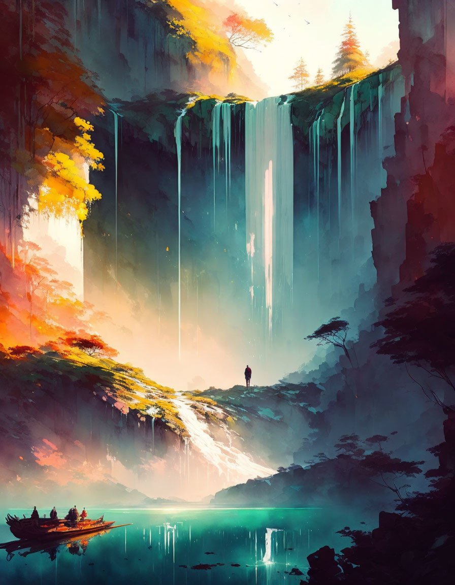 Tranquil digital artwork of majestic waterfall and serene lake