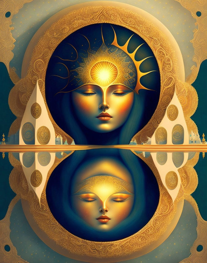 Symmetrical artwork: Mirrored serene faces, ornate background, sun motif, watery divide