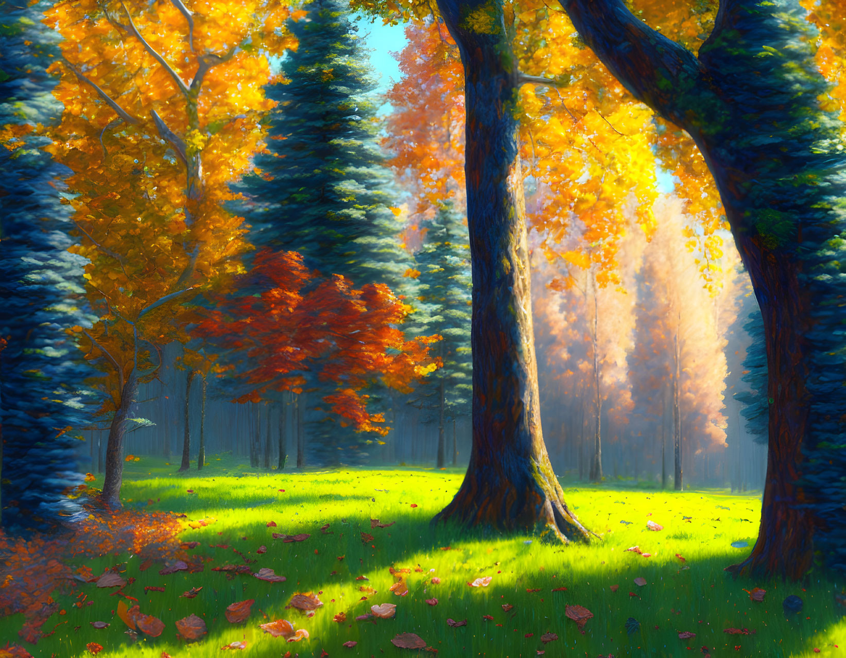 Autumn forest landscape with vibrant colors and sunlight filtering through leaves