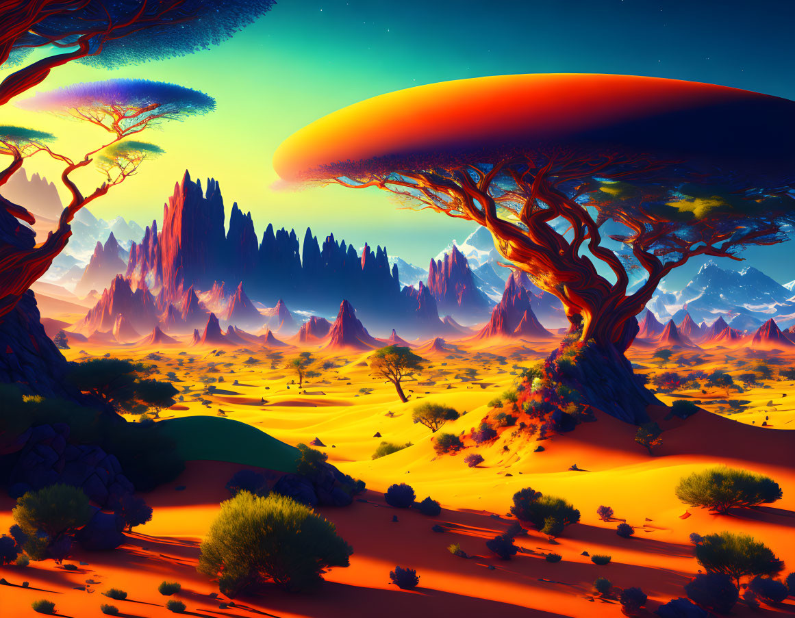 Colorful alien landscape with giant trees, red dunes, and orange ringed planet