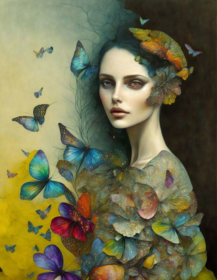 Colorful digital artwork: Woman with butterfly wings and butterflies in hair