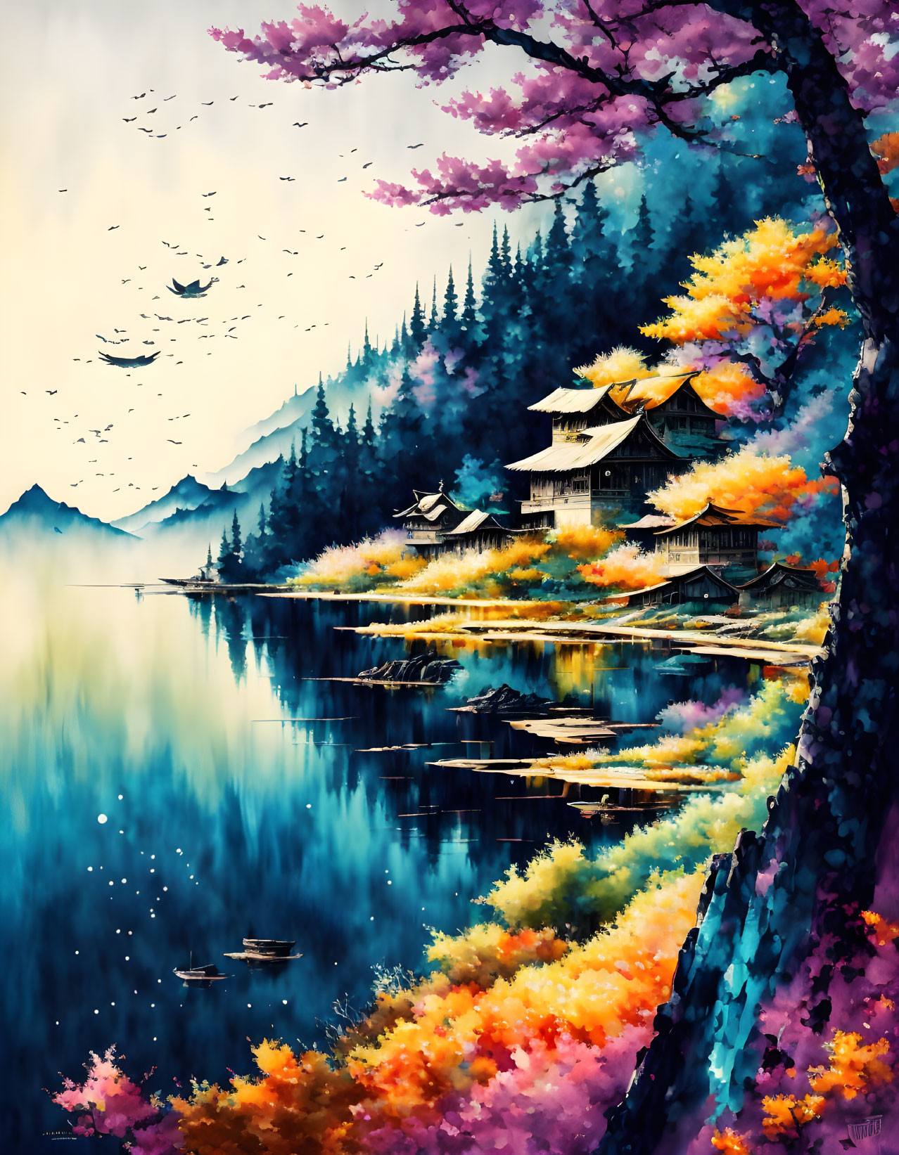 Serene lakeside scene with autumn trees and mountains