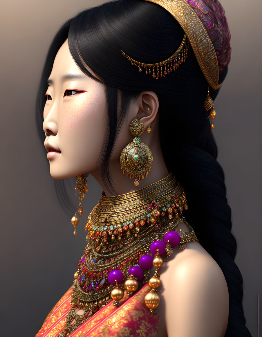 Traditional jewelry adorns woman in digital portrait