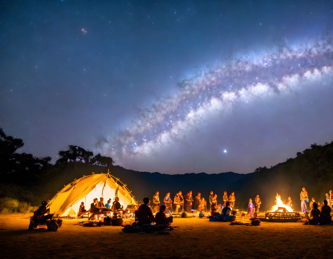 Group of People Around Campfire Under Milky Way Night Sky