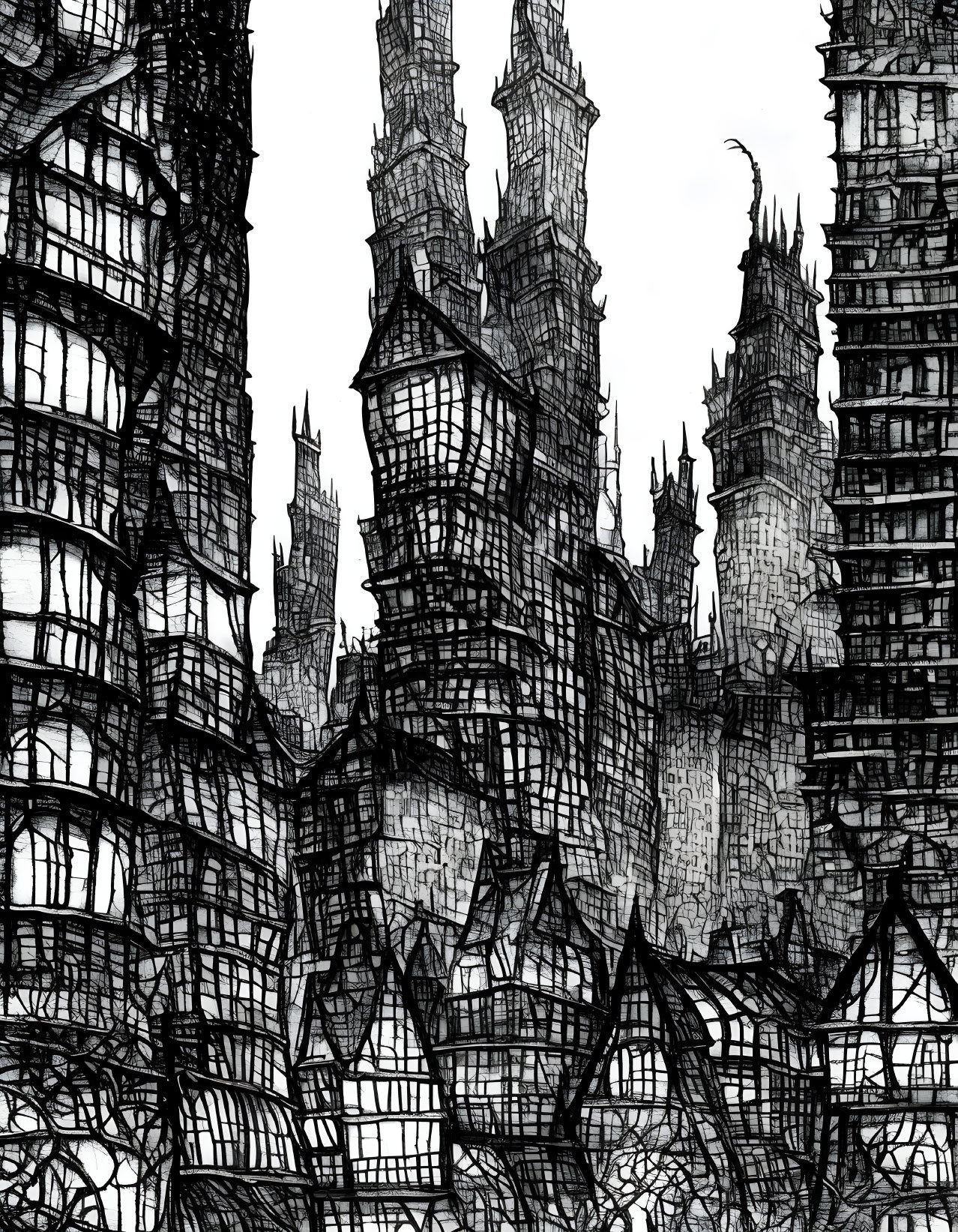 Detailed Monochrome Sketch of Imaginary Gothic Cityscape